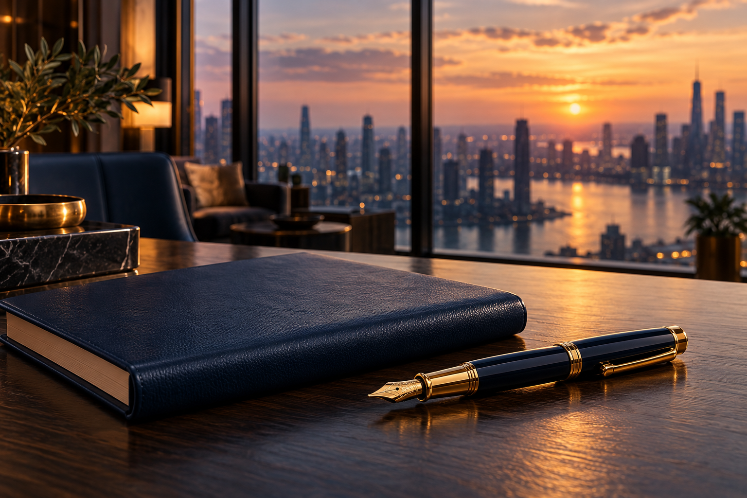Notebook and pen on a desk overlooking a city at sunset